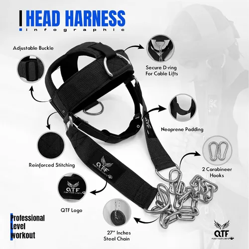Miniatura 4 de QTF Arnés de cuello para entrenamiento de levantamiento de pesas, constructor de cuello grueso de neopreno acolchado ajustable para barbilla