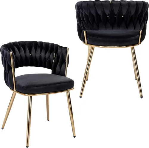 Miniatura 14 de KCC Juego de 2 sillas de comedor modernas de terciopelo, sillas tapizadas para sala de estar con respaldo tejido y patas de metal dorado, silla