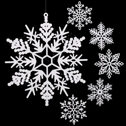 Sratte Paquete de 36 adornos de copos de nieve grandes con purpurina de 12 pulgadas, decoración gigante de plástico para colgar en invierno, Blanco
