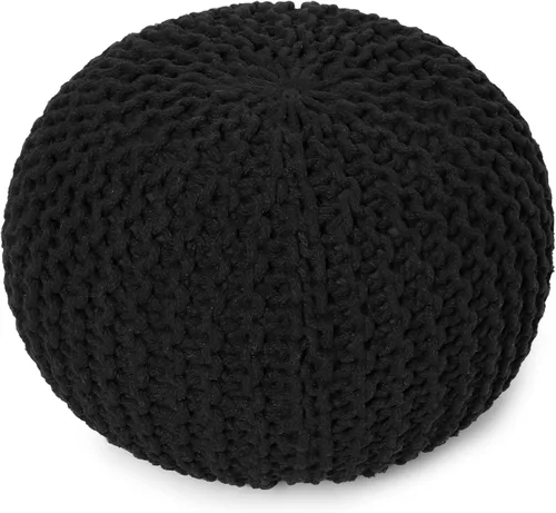 REDEARTH Puf Redondo Reposapiés Otomán - Puf de Frijoles Tejido a Mano - Puf Bohemio de Cordón - Puf Reposapiés de Cable para Sala de Estar - Negro