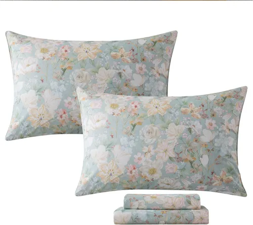 Miniatura 49 de FADFAY Juego de sábanas de cama con estampado floral amarillo, de algodón, tamaño King, suaves, transpirables, estilo Shabby Coquette, con bolsillo