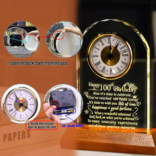 Miniatura 8 de Ornalrist Reloj de cuarzo de cristal de feliz cumpleaños número 100 para hombres y mujeres, regalo de cumpleaños de 100 años para padres, abuela