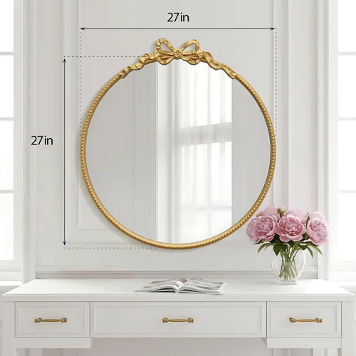 Miniatura 3 de Besdomus Espejo Redondo Dorado con Lazo: Espejo de Baño Moderno de 27" - Espejos de Tocador Ornamentados Tradicionales Barrocos