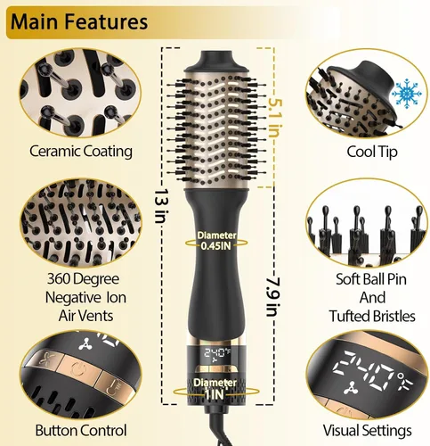 Miniatura 5 de Nicebay Cepillo secador de pelo en uno, cepillo secador de pelo para mujeres, cepillo de soplado de un paso con pantalla de visualización, barril