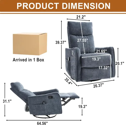 Miniatura 2 de Silla Reclinable Giratoria Manual con Balancín para Adultos, Sillón Reclinable Acolchado con Masaje y Calor, Silla Reclinable para Sala de Estar