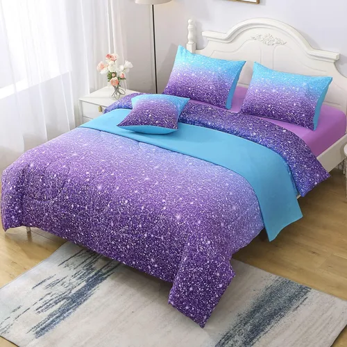 Miniatura 4 de JQinHome Juego de edredón con purpurina, tamaño individual, juego de ropa de cama en una bolsa de 6 piezas en 3D colorido degradado para niñas