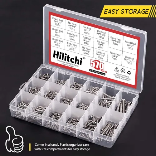 Miniatura 6 de Hilitchi 570 unidades de tornillos autoperforantes modelos M 3 4 5 6, de acero inoxidable con cabeza plana y Phillips, kit de tornillos surtidos