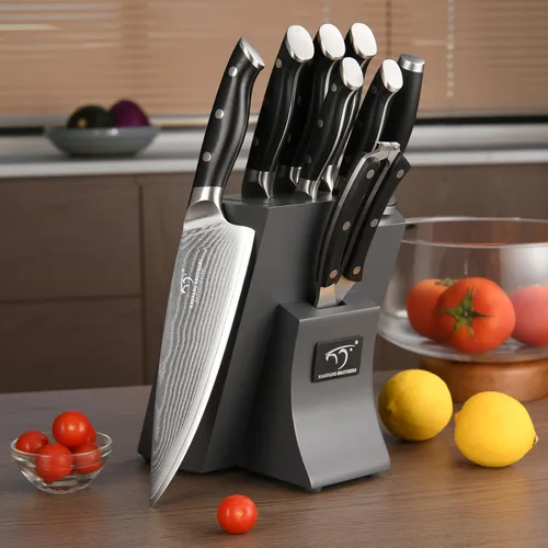 Miniatura 6 de NANFANG BROTHERS Juego de cuchillos de cocina de Damasco con bloque, 9 piezas, mango ergonómico ABS, afilador de cuchillos, tijeras de cocina Negro