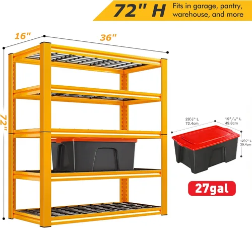 Miniatura 3 de REIBII Estantería de garaje con carga de 3000 libras, estantes de almacenamiento de 5 niveles, estantería de metal resistente ajustable para Amarillo
