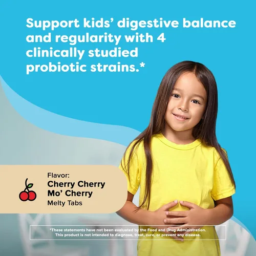 Miniatura 2 de Probióticos de Renzo para niños, probióticos solubles para la salud digestiva y el apoyo inmunológico, 60 pastillas derretidas con sabor a cereza