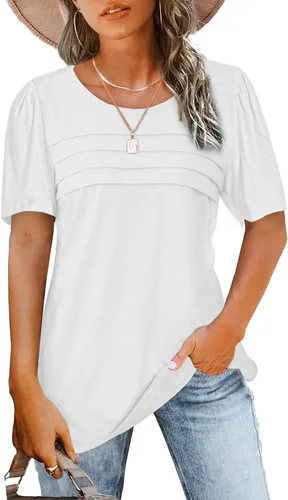 Miniatura 64 de JomeDesign - Camisetas casuales de verano para mujer, manga corta, cuello redondo, manga abullonada
