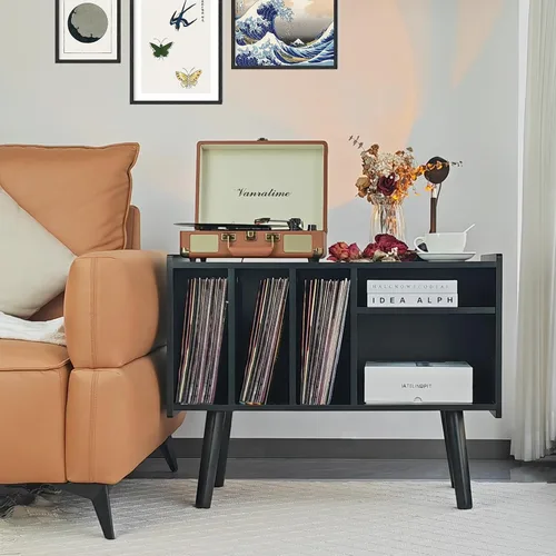 Miniatura 3 de Soporte para tocadiscos con almacenamiento de vinilo, soporta hasta 136 kg, gran mesa para tocadiscos con gabinete para almacenamiento de álbumes
