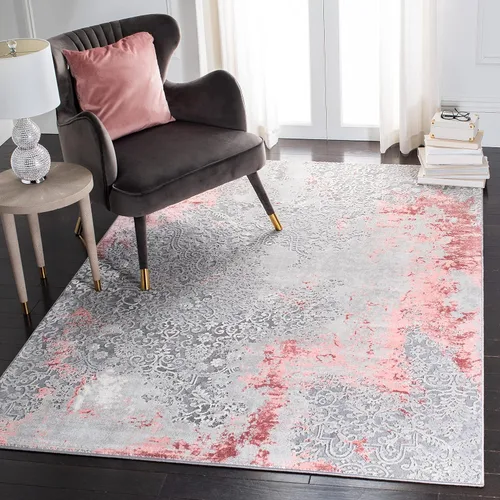 Miniatura 9 de SAFAVIEH Meadow Collection - Alfombra decorativa de 2 x 5 pies, gris claro y rosa, diseño abstracto moderno, no desprende pelusa y de fácil cuidado
