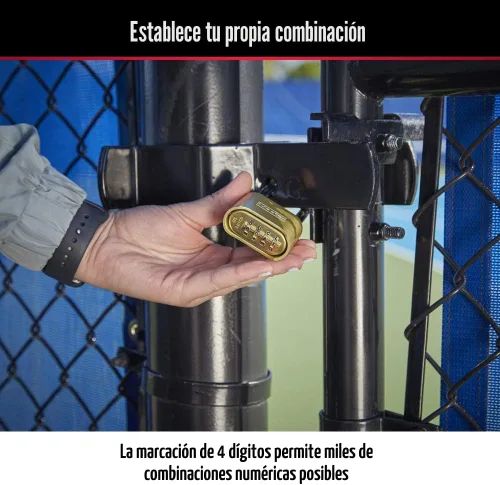 Miniatura 4 de Master Lock Cerradura de combinación de latón, cerradura de portón para valla o cobertizo al aire libre, candado de combinación personalizable