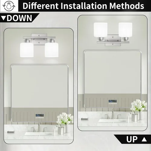 Miniatura 4 de Luz de baño de níquel cepillado, Luz de tocador de baño de 2 luces de níquel cepillado, Lámpara de tocador con pantallas de vidrio esmerilado blanco