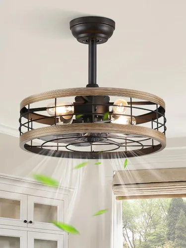 Miniatura 17 de LEDIARY - Ventilador de techo 16.5 pulgadas con jaula y luz, diseño industrial, estilo granja, para cocina, dormitorio, exterior, control remoto, 6