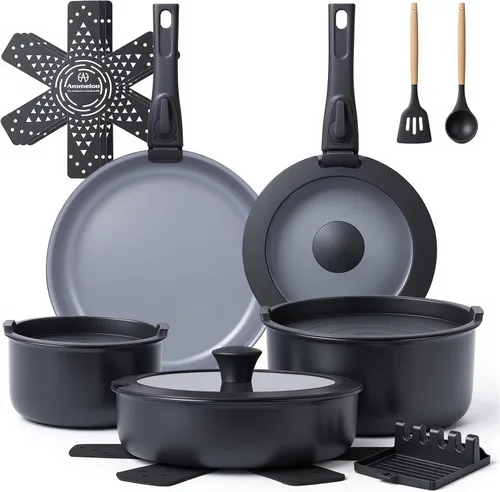 Ammeloo Juego de 18 Piezas de Ollas y Sartenes Antiadherentes, Juego de Utensilios de Cocina de Cerámica de Inducción con Mango Desmontable, Juego