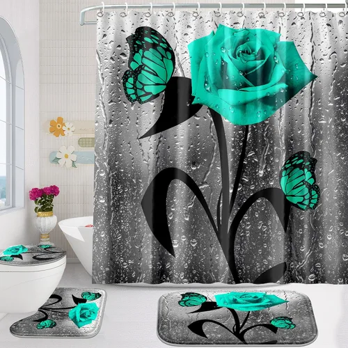 Miniatura 16 de Poedist Juego de 4 cortinas de ducha de baño, juego de cortina de baño con rosas azules, juegos de cortinas de ducha con alfombras