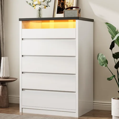 Miniatura 10 de Jocoevol Cómoda de 5 cajones para dormitorio con luz LED, cómoda moderna con asas ocultas, armario alto de madera para sala de estar, entrada