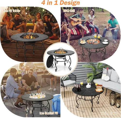 Miniatura 8 de Tangkula Mesa para fogata al aire libre, 4 en 1 de 36 pulgadas redonda para barbacoa de jardín con tapa, hoguera de leña para patio exterior