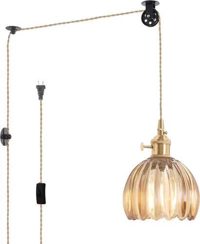 Miniatura 49 de Shenmoyl Lámpara colgante con pantalla de vidrio transparente a rayas, luz colgante vintage de latón, luz colgante ajustable para cocina, isla