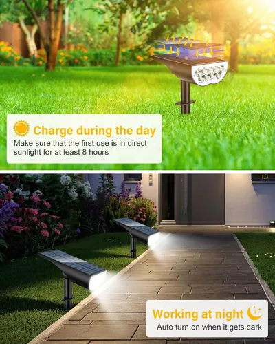 Miniatura 2 de Focos solares impermeables para exteriores, 3 modos de iluminación, focos solares, luz de atardecer a amanecer, para patio, camino, paisaje, Blanco
