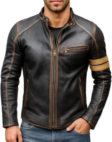 Miniatura 13 de Mens Premium Distressed Brown Padded Armored Cowhide Leather Cafe Racer Jacket – Vintage Protective Moto Jacket