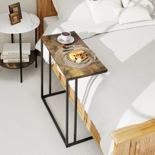 Miniatura 2 de Mesa auxiliar en forma de C, moderna mesa auxiliar con marco de metal, diseño que ahorra espacio para sala de estar, mesa de sofá de gran superficie