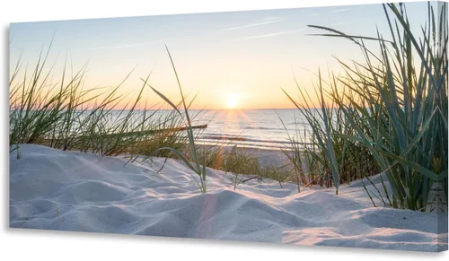 Lienzo de playa al atardecer para pared, dunas de arena costeras con imagen de hierba de playa, paisaje natural del océano, arte moderno de paisaje