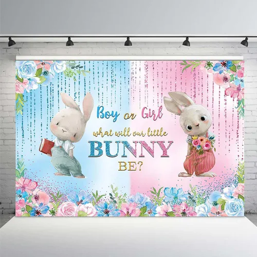 MEHOFOND Telón de fondo de primavera de conejo de Pascua para revelación de género para niño o niña, con texto en inglés "What Will Our Little Bunny