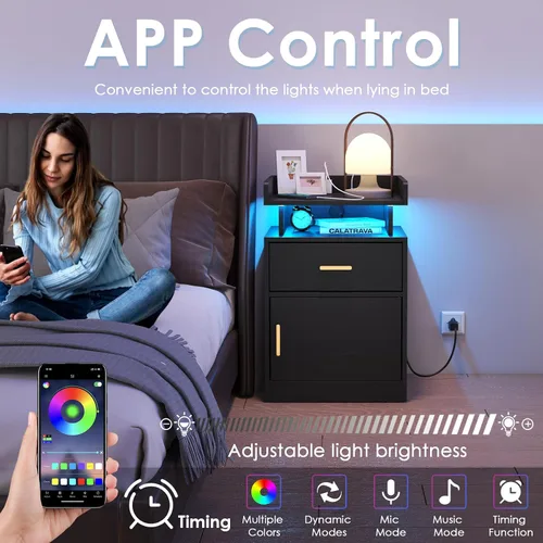 Miniatura 5 de Mesita de noche con estación de carga y luces LED, mesita de noche con cajón, mesita de noche con almacenamiento de gabinete, mesita de noche