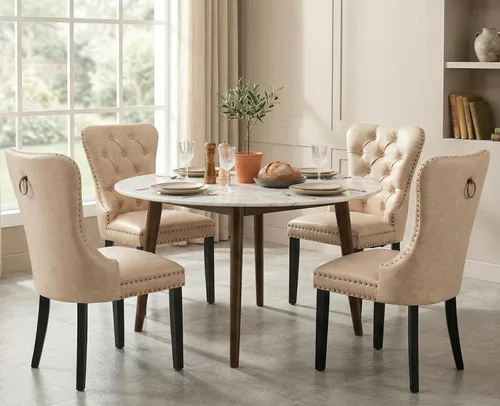 Miniatura 17 de Shunzhi Juego de 2 sillas de comedor de cuero beige, modernas de mediados de siglo, sillas de cocina tapizadas con capitoné, sillas auxiliares