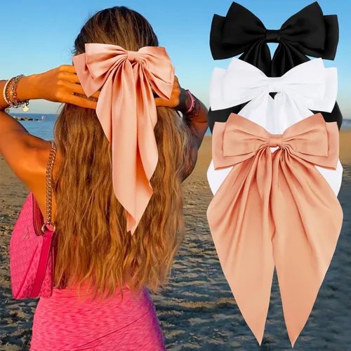Miniatura 18 de Velscrun Lazos para el cabello para mujeres y niñas, 3 unidades, lazo blanco, lazo negro, azul marino, lazos grandes para el cabello con clip, lazos