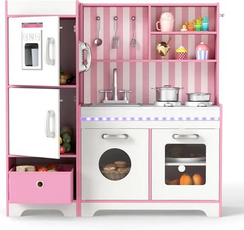 Miniatura 12 de Costzon Cocina de Juego para Niños, Set de Juego de Cocina de Juguete de Madera con Máquina de Hielo, Cafetera, Lavadora, Cortina, Microondas