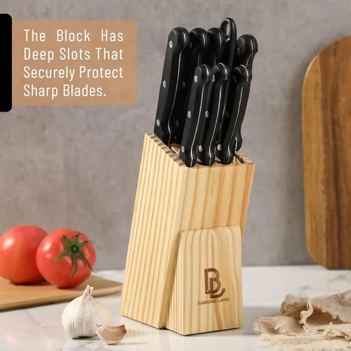 Miniatura 4 de Juego de cuchillos de cocina, 9 piezas, juego de cuchillos de acero inoxidable con bloque y afilador, cuchillos de cocina con bloque de madera