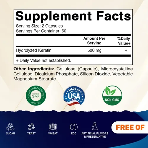 Miniatura 2 de Vitamatic Queratina hidrolizada de 500 mg por porción – 120 cápsulas vegetarianas – Suplementos de queratina para cabello sano, piel y uñas