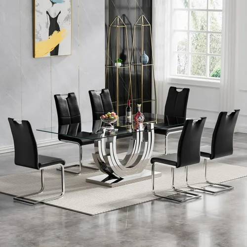 Miniatura 17 de Juego de mesa de comedor de cristal dorado moderno de 70 pulgadas para 4, juego de mesa rectangular de 5 piezas con base de acero en forma de anillo