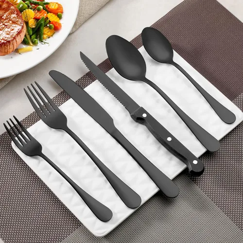 Miniatura 6 de Juego de 24 cubiertos negros de tenedores y cucharas de acero inoxidable de grado alimenticio para cocina y restaurante, 12 tenedores de cena