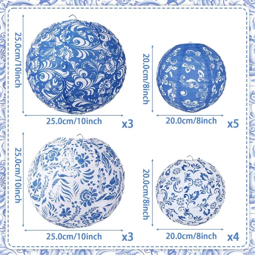 Miniatura 2 de Lonfliness 15 linternas de papel chinoiserie de 10 pulgadas y 8 pulgadas de porcelana azul y blanca colgantes, decoración de fiesta, farol redondo