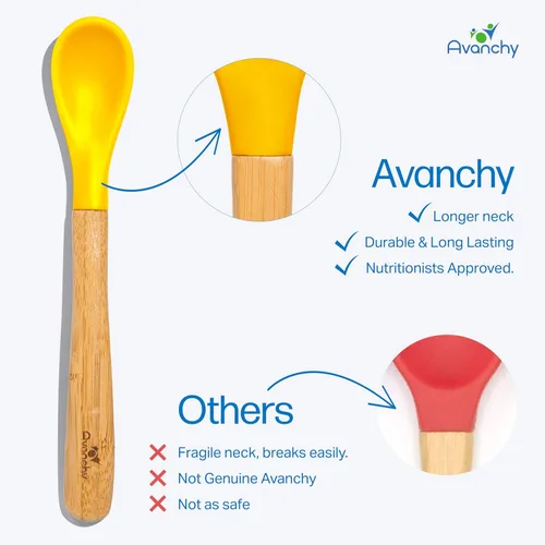 Miniatura 3 de Avanchy Cucharas de entrenamiento para bebés de bambú y silicona, sin BPA, punta suave, fácil de encías, utensilios de alimentación de primera etapa