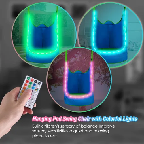 Miniatura 5 de Silla Columpio Colgante Mejorada para Niños, Silla Hamaca Colgante para Niños con Luces LED, Asiento Columpio Colgante de Tela Oxford 900D para Azul