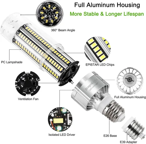 Miniatura 2 de DragonLight Bombilla LED de maíz de 50 W (equivalente a 350 vatios) E26/E39 Lámpara LED con base de Mogul grande 6000K Luz diurna 6,000 LM