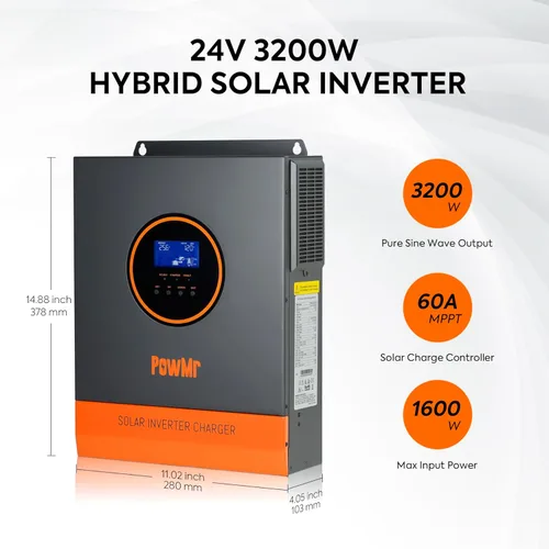 Miniatura 2 de PowMr Inversor solar de 3200 W 24 V CC a 110 V/120 V CA, inversor híbrido de onda sinusoidal pura de 3.2 KW con controlador MPPT de 60 A, entrada