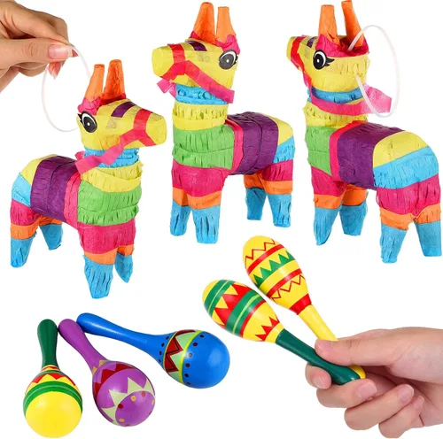 Miniatura 4 de Hungdao 36 piezas de decoración de fiesta mexicana incluyen 12 maracas de madera a granel, 6 mini piñatas de burro mexicanas para decoraciones