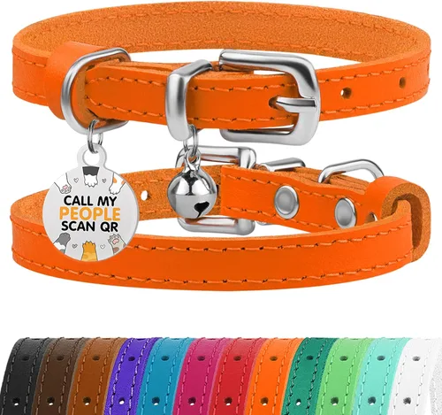 Miniatura 36 de BRONZEDOG Collar de cuero para gato con campanas extraíbles sin liberación rápida, etiqueta QR para gatito para niña y niño