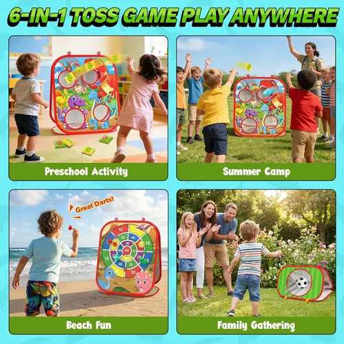 Miniatura 5 de Juego de Lanzamiento de Bolsas de Frijoles de Dinosaurio para Niños, Tablero de Cornhole 6-1, Juguetes al Aire Libre para Niños Pequeños