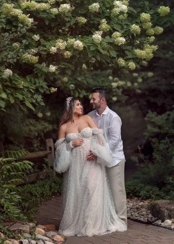Miniatura 7 de yinyyinhs Vestido de maternidad de tul con perlas para sesión de fotos, manga larga hinchada, hombros descubiertos, vestido de maternidad para baby