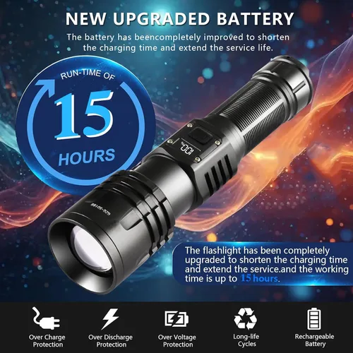 Miniatura 5 de Linternas LED Recargables de Alto Lúmenes, Linterna de 10000mAh de Alta Potencia Impermeable Más Brillante Linterna Zoomable con Foco