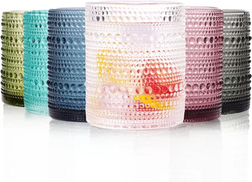 Juego de 6 vasos para beber Hobnail de 12 onzas, vasos de vidrio vintage de Júpiter de colores, cristalería antigua en relieve para cerveza, agua,