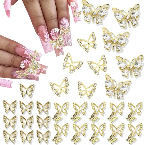 RODAKY 30 dijes de mariposa para uñas, mariposas doradas, joyería de arte de uñas, joyas 3D de mariposa, diamantes de imitación para uñas, manicura,